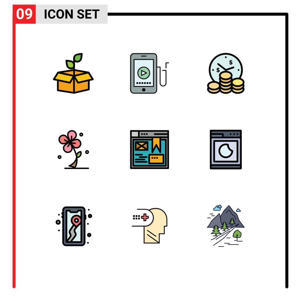 pacote de 9 sinais e símbolos modernos de cores planas de linha preenchida para mídia impressa na web, como elementos de design de vetores editáveis de tempo floral de educação de flores de primavera