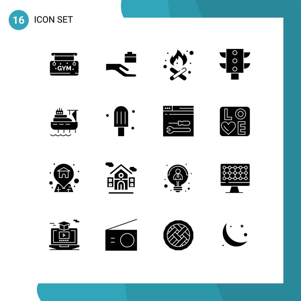16 interface do usuário pacote de glifos sólidos de sinais e símbolos modernos de construção de sobremesa lareira cargueiro elementos de design vetorial editáveis vetor