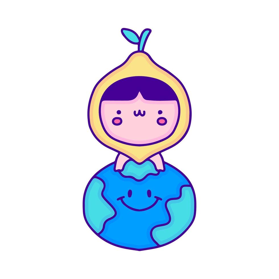 bebê fofo em fantasia de fruta limão com arte de doodle do planeta terra, ilustração para camiseta, adesivo ou mercadoria de vestuário. com pop moderno e estilo kawaii. vetor