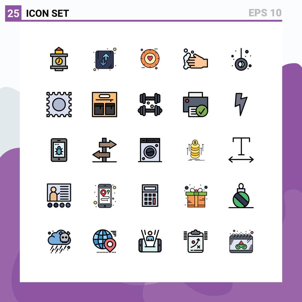 25 interface do usuário linha cheia pacote de cores planas de sinais e símbolos modernos de lavagem de pêndulo amor sabão limpeza elementos de design de vetores editáveis