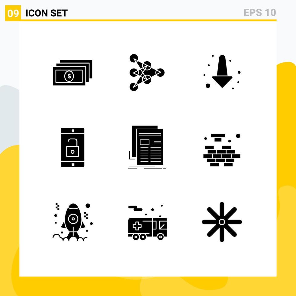 9 interface do usuário pacote de glifos sólidos de sinais e símbolos modernos de mídia de boletim informativo para baixo gazeta elementos de design de vetores editáveis de aplicativo móvel