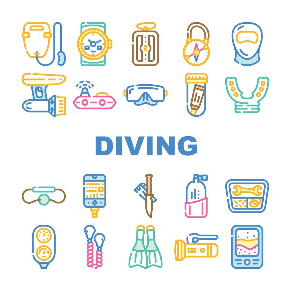 conjunto de ícones de equipamentos e acessórios de mergulho vetor