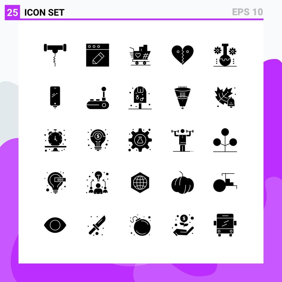 25 interface do usuário pacote de glifos sólidos de sinais e símbolos modernos da indústria química amor quebrado quebrar amor elementos de design de vetores editáveis