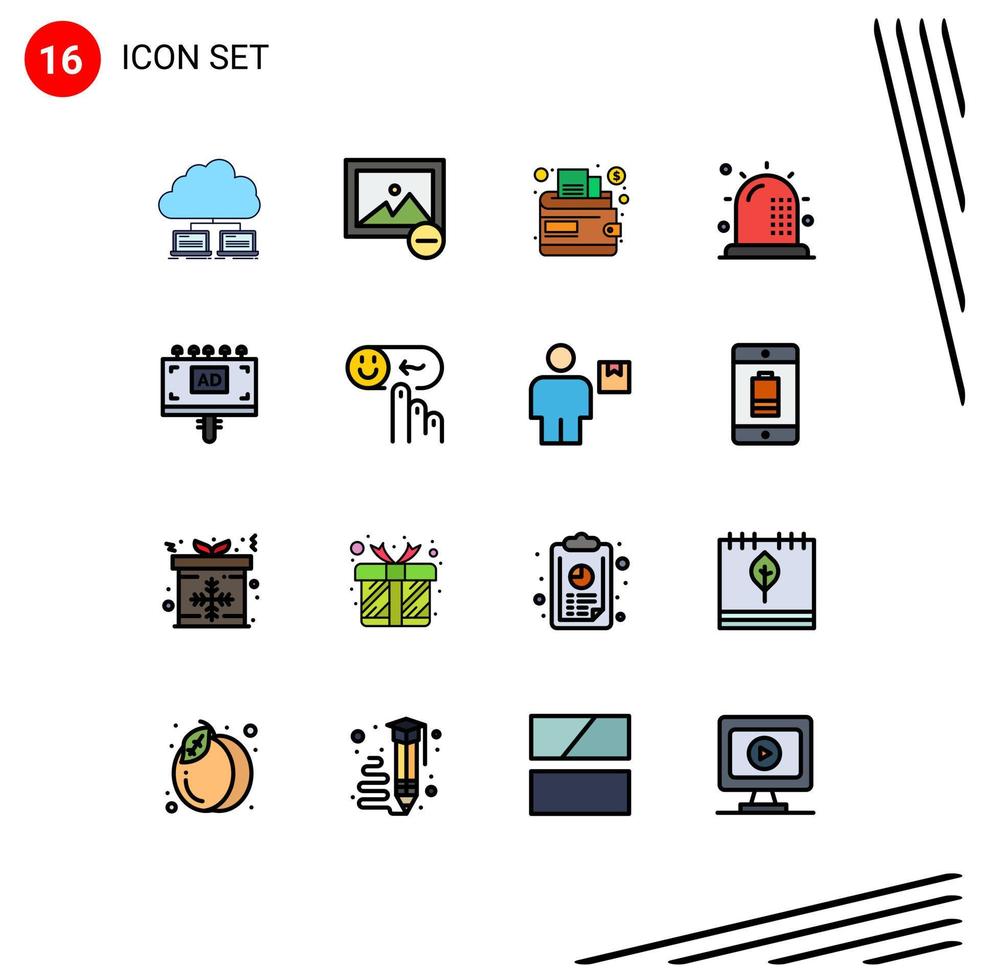 conjunto de pictogramas de 16 linhas simples preenchidas de cores planas de elementos de design de vetores criativos editáveis de forma de dinheiro de saúde de publicidade