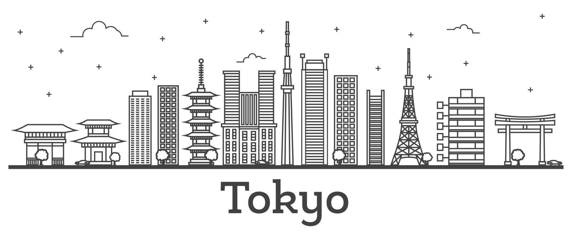 delineie o horizonte da cidade de Tóquio no Japão com edifícios modernos isolados em branco. vetor