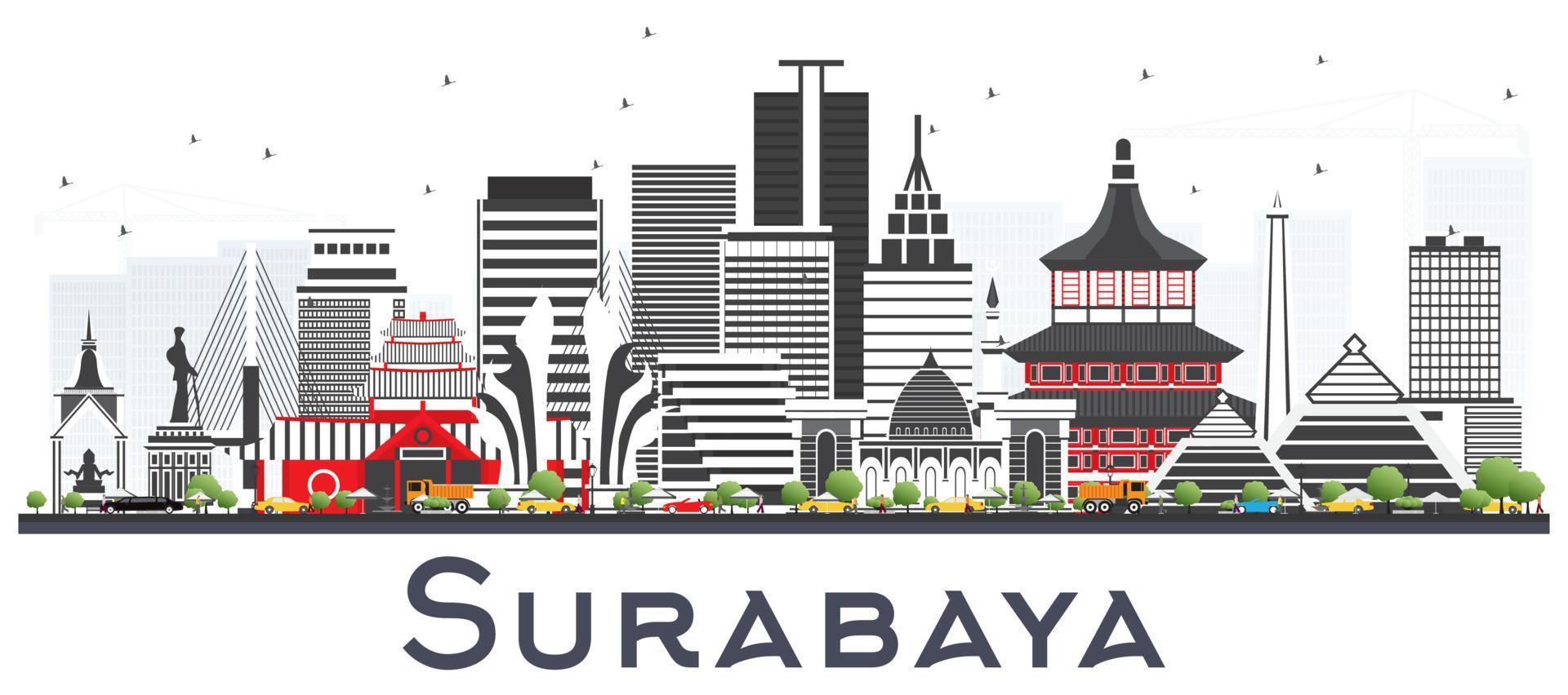 horizonte de surabaya indonésia com edifícios cinza isolados em branco. vetor