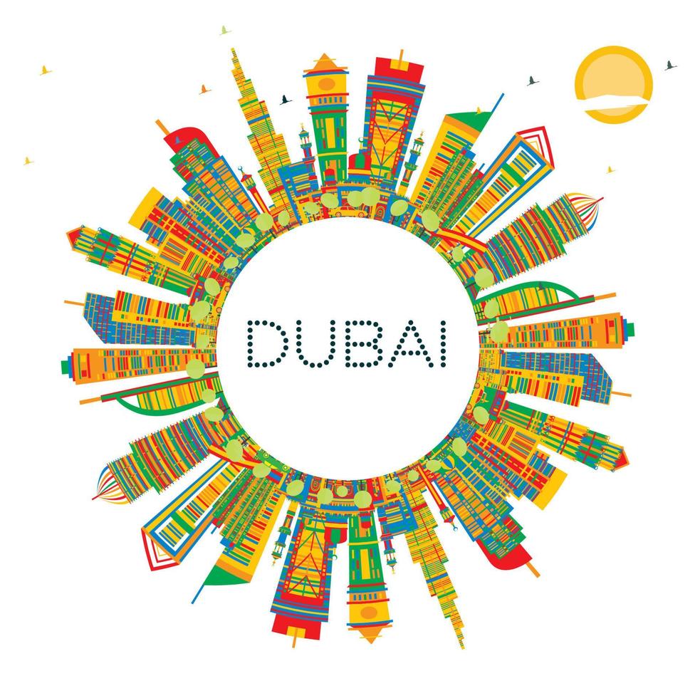 horizonte da cidade de dubai emirados árabes unidos com edifícios coloridos e espaço para texto. vetor