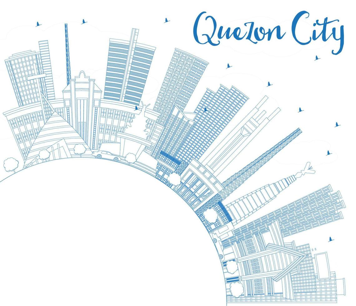delinear o horizonte de filipinas da cidade de quezon com edifícios azuis e espaço de cópia. vetor