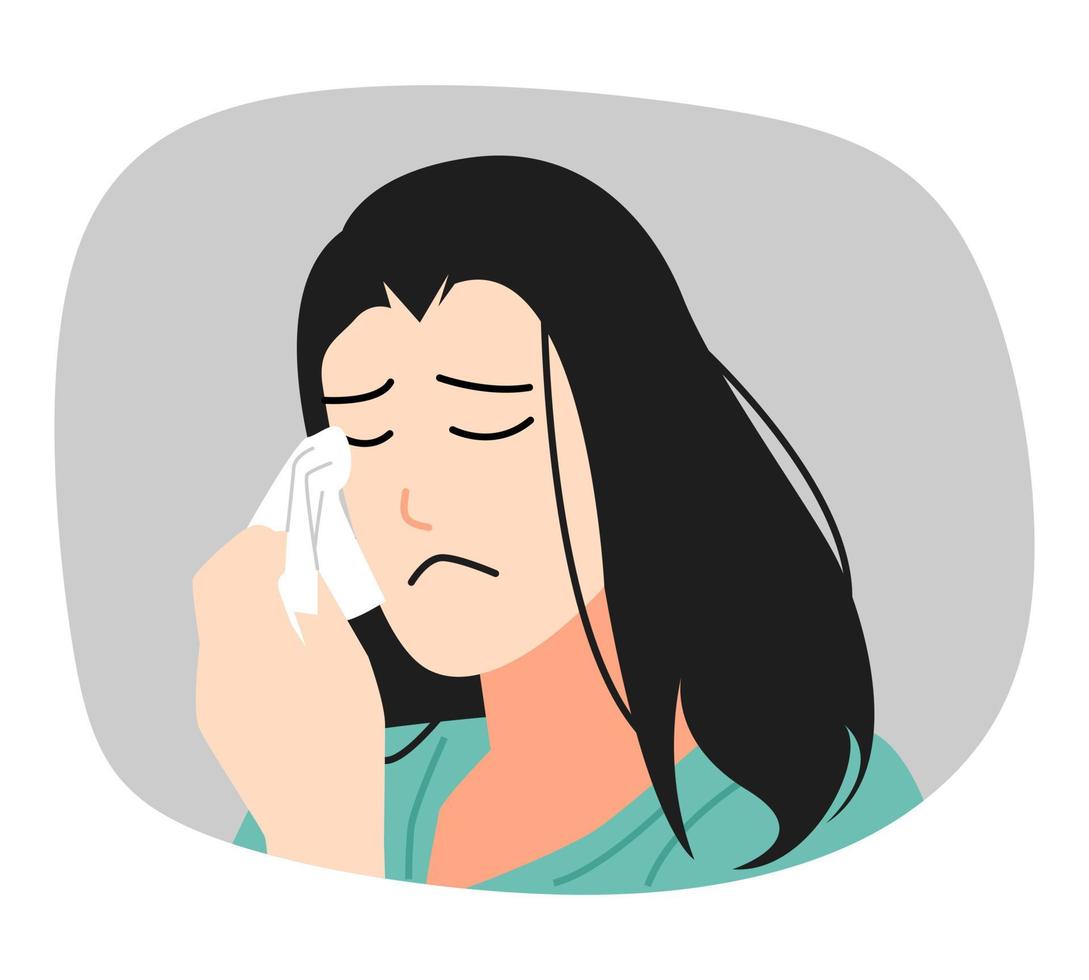 mulher está chorando. limpe os olhos com um lenço. expressão triste. ilustração em vetor plana.