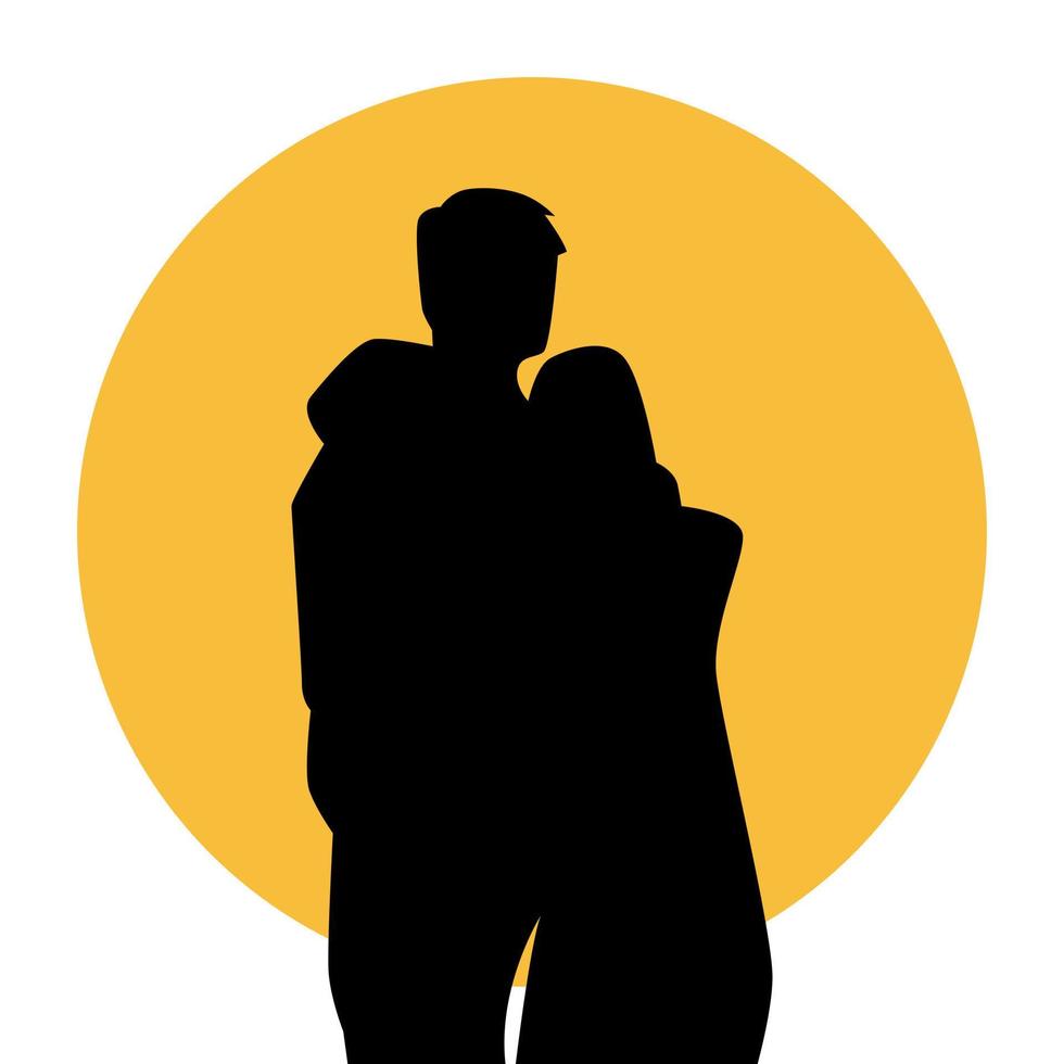 silhueta de casal. amante menino e menina. fundo laranja do sol. relação familiar. ilustração em vetor preto e branco.