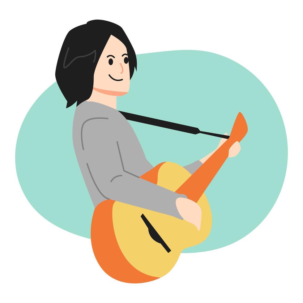 garotinho com cabelo comprido tocando violão. estilo de desenho animado. ilustração vetorial. vetor