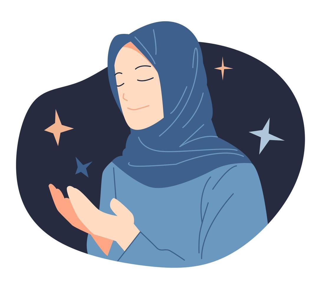 menina muçulmana em hijab está rezando. com ícones de estrela. adequado para temas religiosos, ramadãs e islâmicos. ilustração em vetor plana colorida.