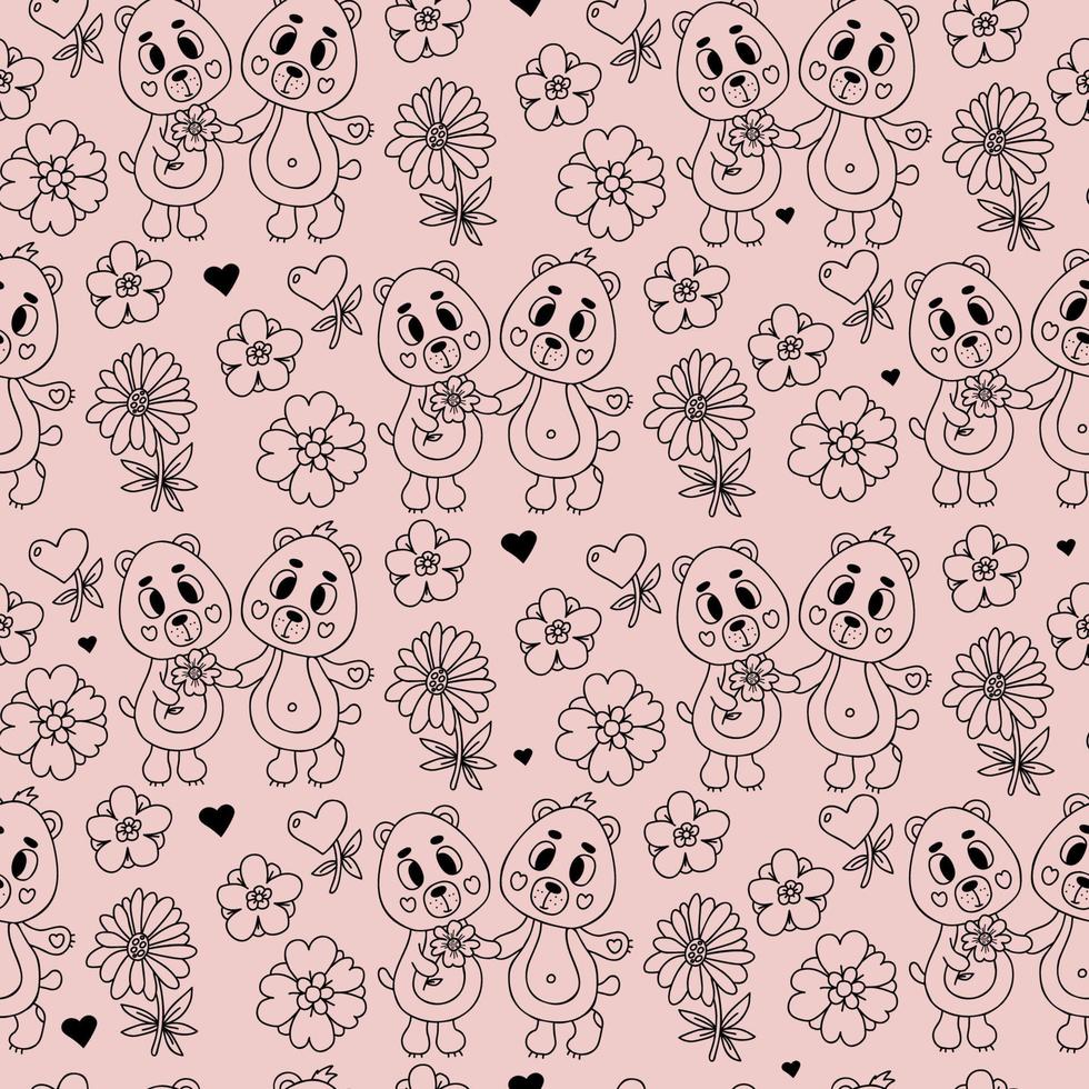 padrão sem emenda romântico. fofos ursos apaixonados com flores sobre fundo rosa claro. ilustração vetorial no estilo doodle. fundo infinito para dia dos namorados, papéis de parede, embalagens, impressão. vetor