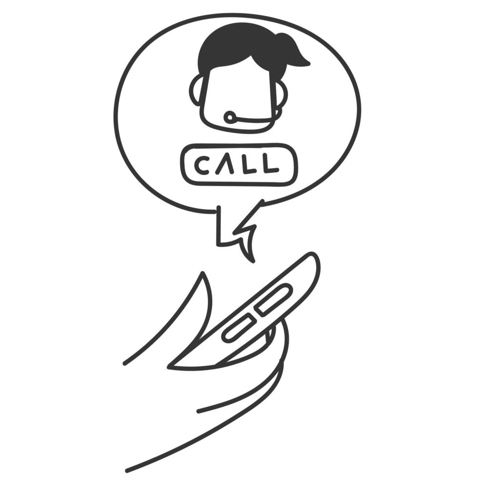 rabisco desenhado à mão chame o suporte ao cliente no vetor de ilustração do telefone móvel