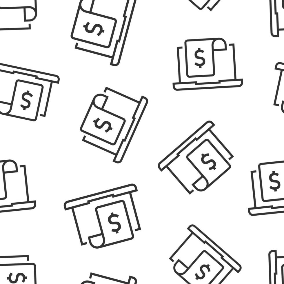 laptop com ícone de dinheiro em estilo simples. ilustração em vetor computador dólar em fundo branco isolado. conceito de negócio padrão sem emenda de monitoramento de finanças.
