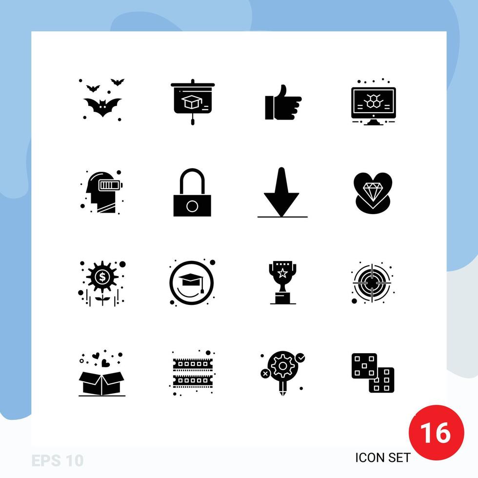 pacote de linha vetorial editável de 16 glifos sólidos simples de exaustão ciência monitor de mão átomo elementos de design vetorial editáveis vetor