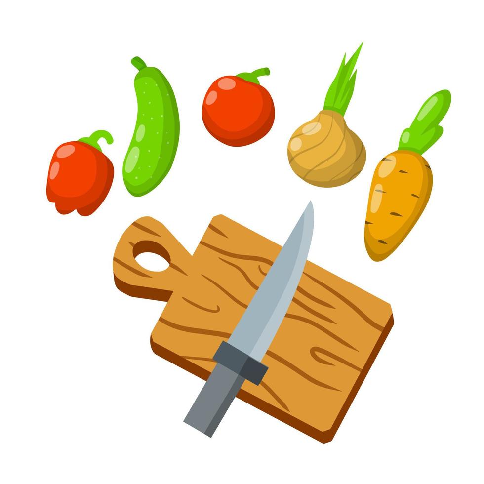tábua de cortar. utensílios de cozinha em madeira. cozinhar alimentos e legumes. tomate, cebola, pepino e pimenta. salada de legumes. ilustração plana de desenho animado isolada em branco vetor