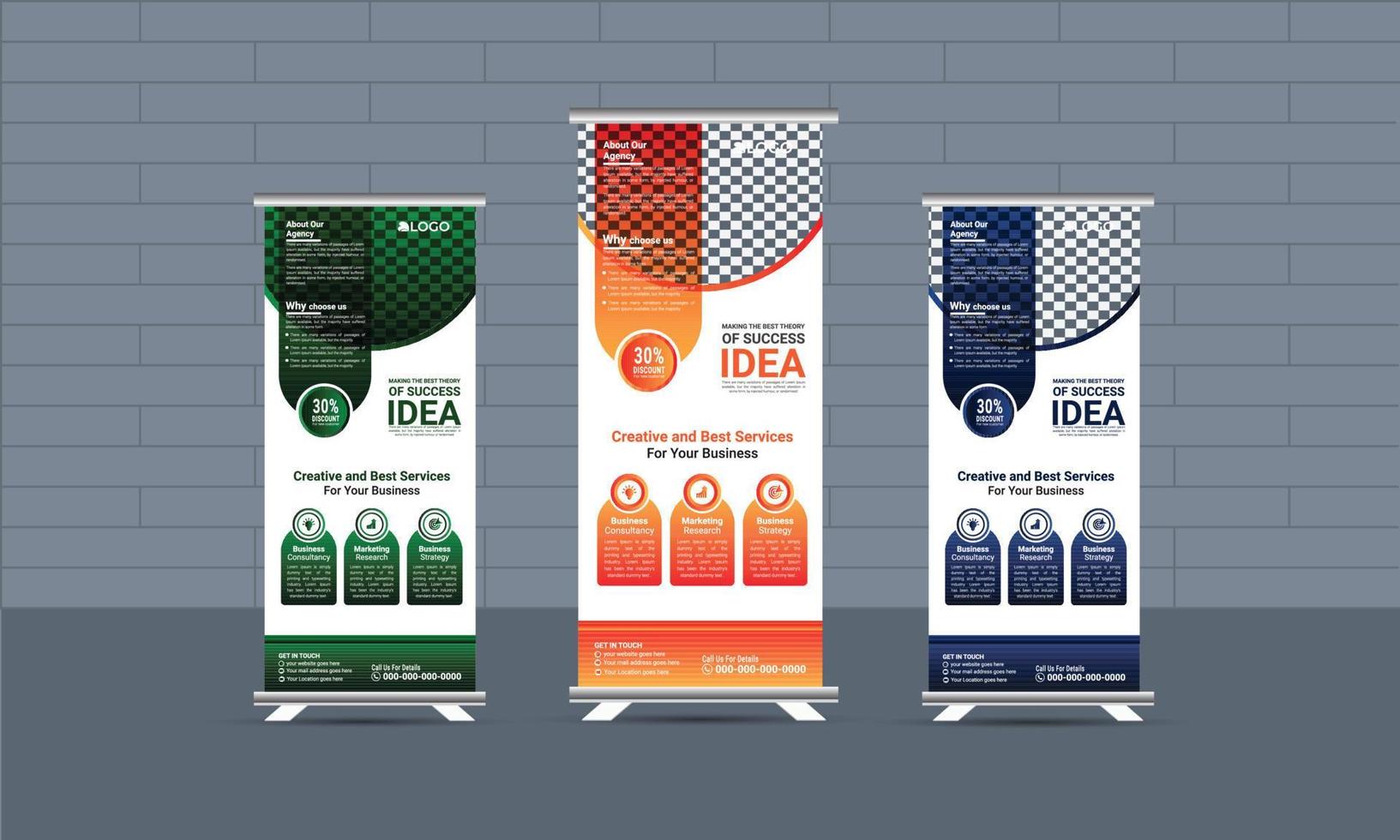 modelo de banner roll-up corporativo de negócios, modelo de banner roll-up profissional conjunto de layout vetorial, x-stand, exibição de exibição, conceito de diretriz inteligente, design standee, maquete de rollup vetorial vetor