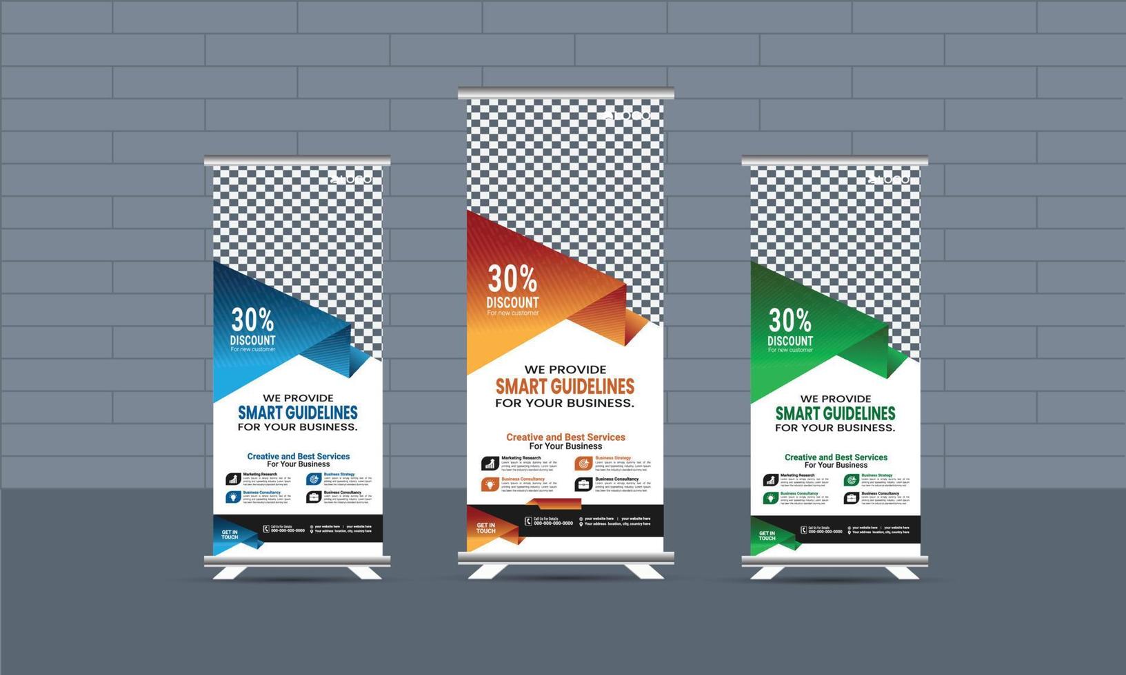 modelo de banner roll-up corporativo de negócios, modelo de banner roll-up profissional conjunto de layout vetorial, x-stand, exibição de exibição, conceito de diretriz inteligente, design standee, maquete de rollup vetorial vetor