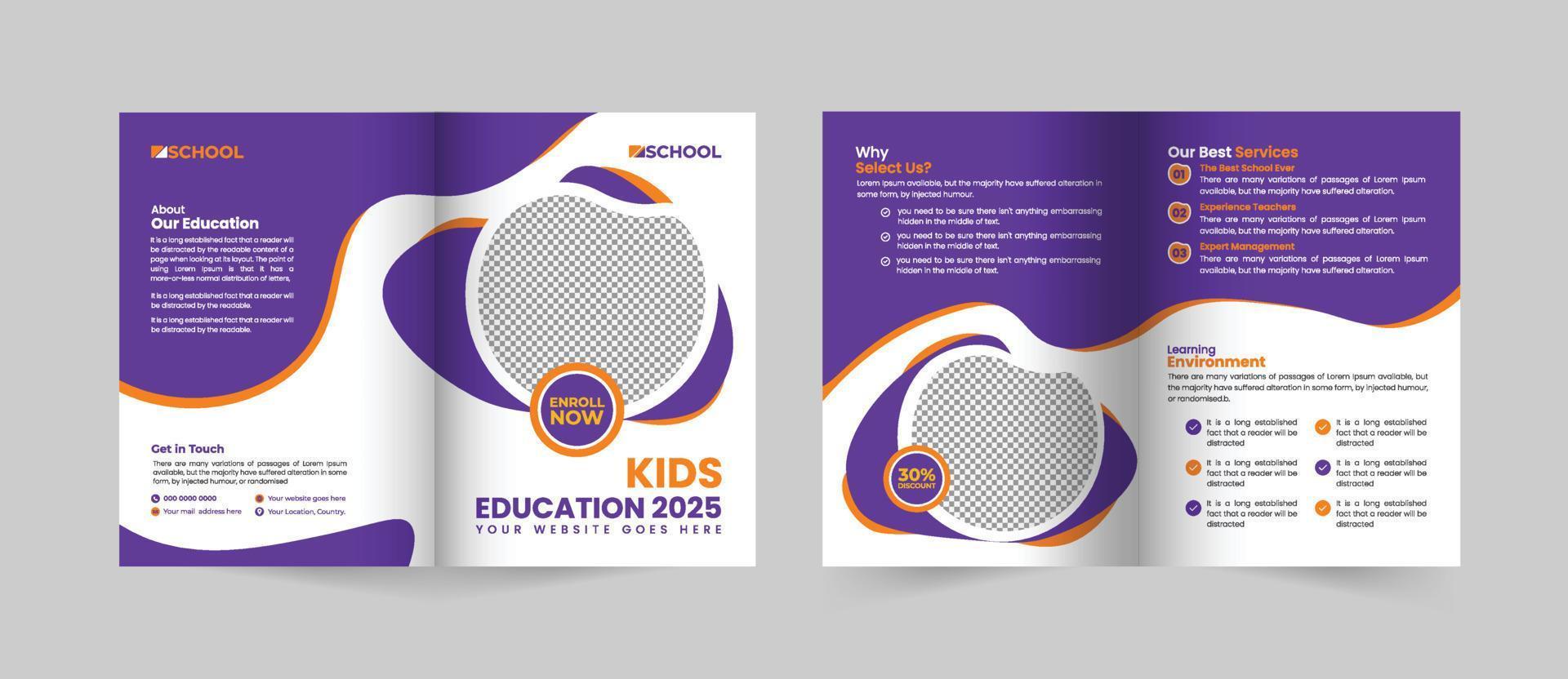 modelo de brochura com duas dobras para admissão escolar criativa e moderna, layout de vetor de folheto de educação escolar com duas dobras. maquete com duas dobras