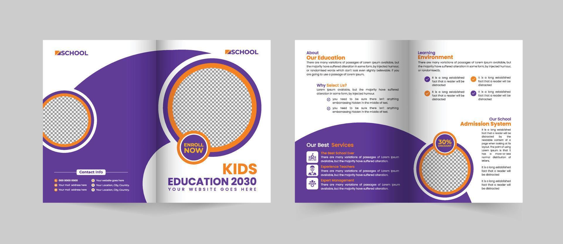 modelo de brochura com duas dobras para admissão escolar criativa e moderna, layout de vetor de folheto de educação escolar com duas dobras. maquete com duas dobras
