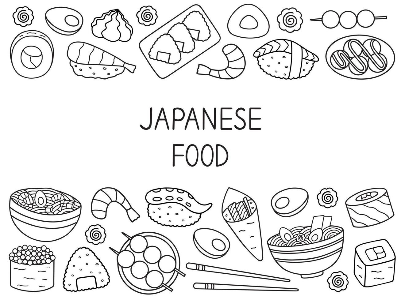 conjunto de rabiscos de comida japonesa. culinária asiática. ramen, sushi, onigiri, dango no estilo de esboço. ilustração vetorial desenhada à mão isolada no fundo branco vetor