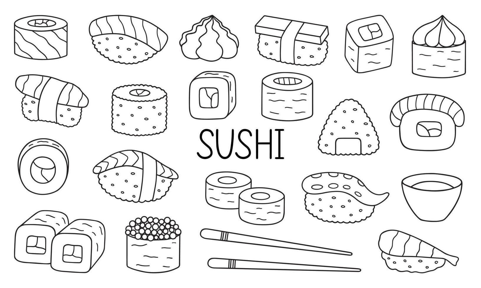 conjunto de doodle de sushi e rolos. comida japonesa no estilo de desenho. ilustração vetorial desenhada à mão isolada no fundo branco vetor