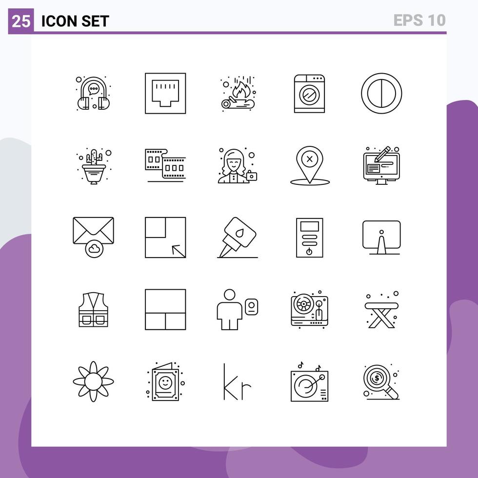pacote de 25 sinais e símbolos de linhas modernas para mídia impressa na web, como cores de cactos, tecnologia de lavagem de fogueiras, elementos de design vetorial editáveis vetor