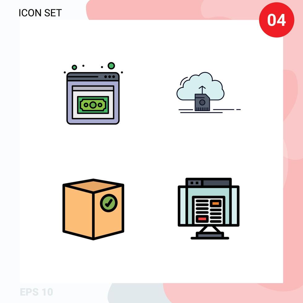 4 cores planas de linhas preenchidas de vetores temáticos e símbolos editáveis de desenvolvimento de negócios verificam dados em nuvem e elementos de design de vetores editáveis