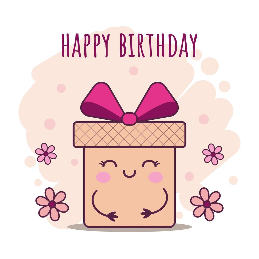cartão de feliz aniversário. personagem de caixa de presente kawaii bonito dos desenhos animados com flores em um fundo bege. cartão desenhado à mão para desejos de aniversário, aniversário, feliz dia dos namorados. vetor