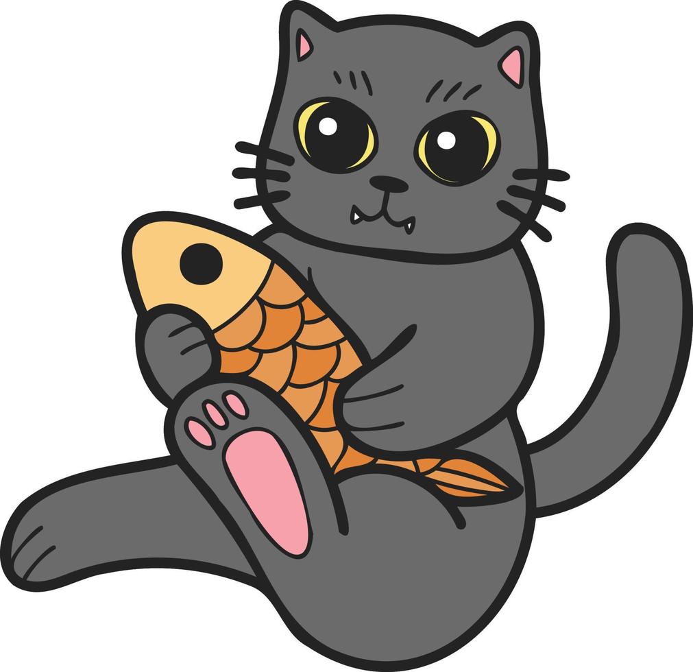 gato desenhado à mão comendo ilustração de peixe no estilo doodle vetor