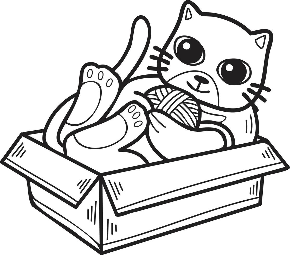 gato desenhado à mão brincando com fios em uma ilustração de caixa no estilo doodle vetor
