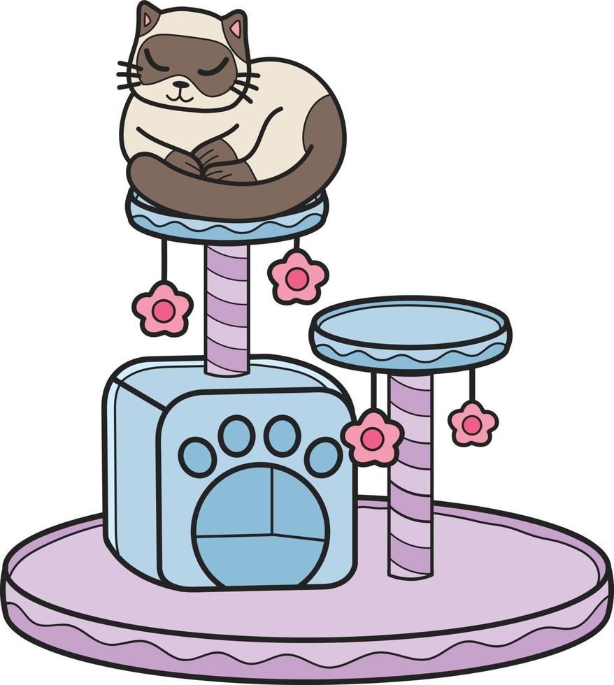 gato desenhado à mão com ilustração de poste de escalada de gato no estilo doodle vetor