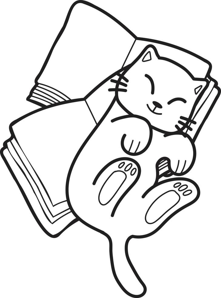 gato desenhado de mão deitado na pilha de ilustração de livros em estilo doodle vetor