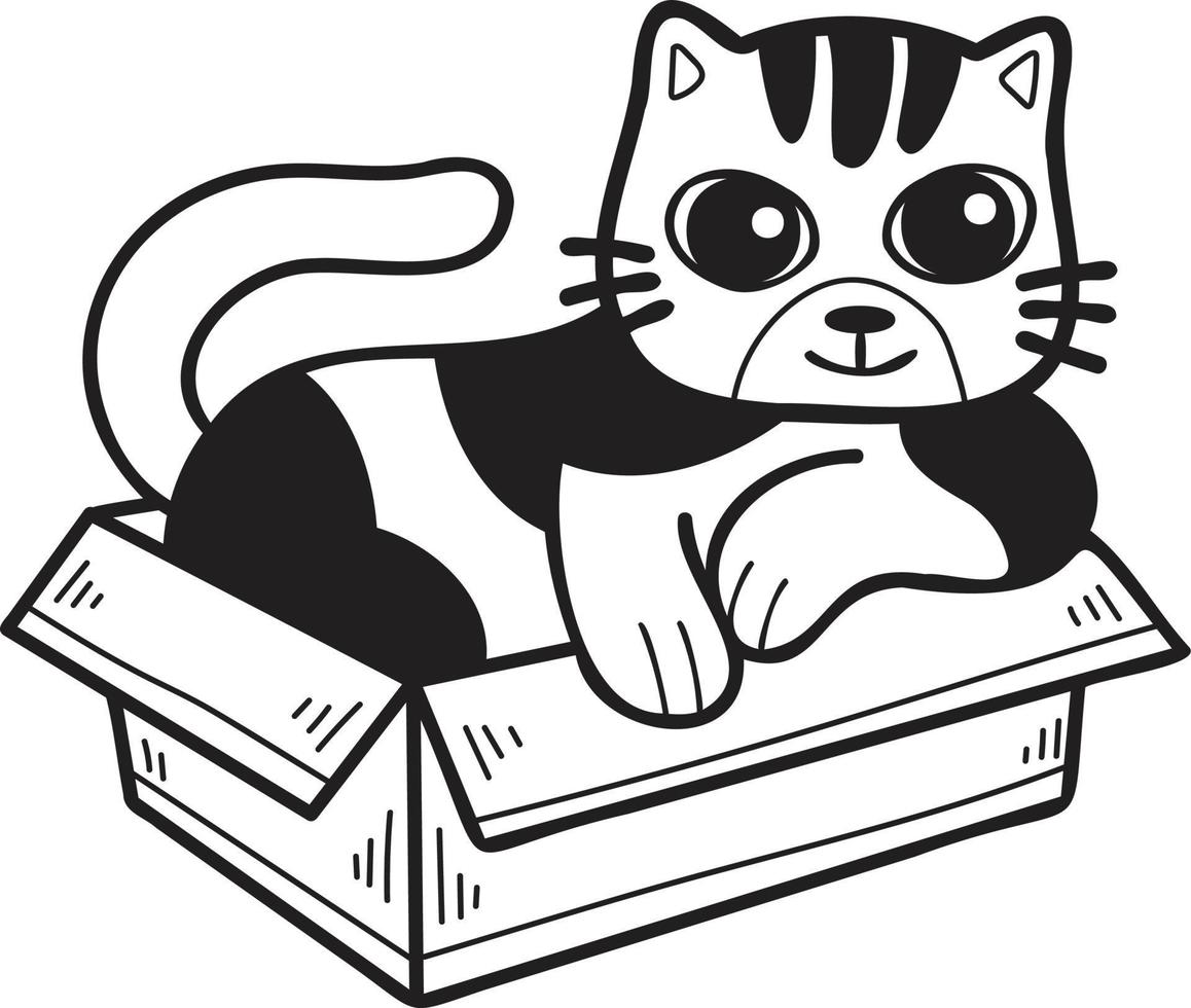 gato listrado desenhado à mão em ilustração de caixa em estilo doodle vetor