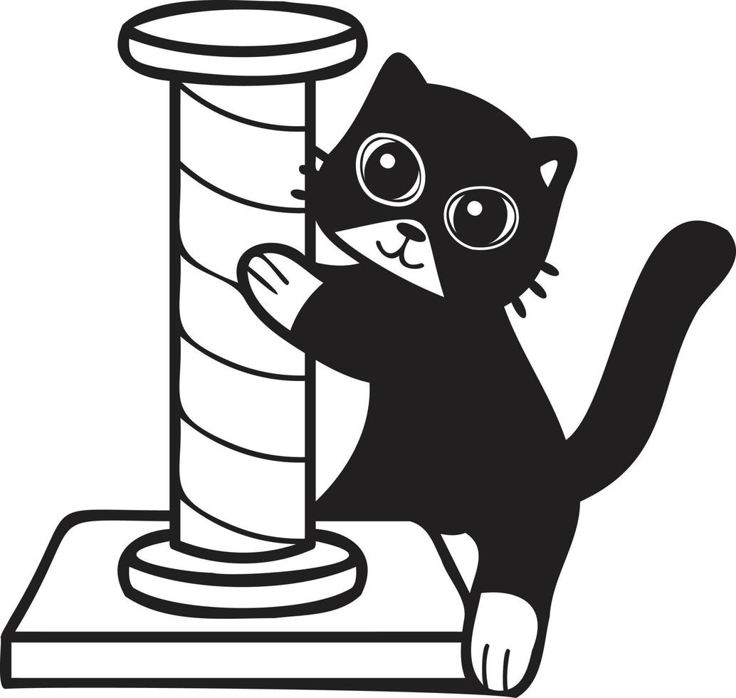 gato desenhado à mão com ilustração de poste de escalada de gato no estilo doodle vetor