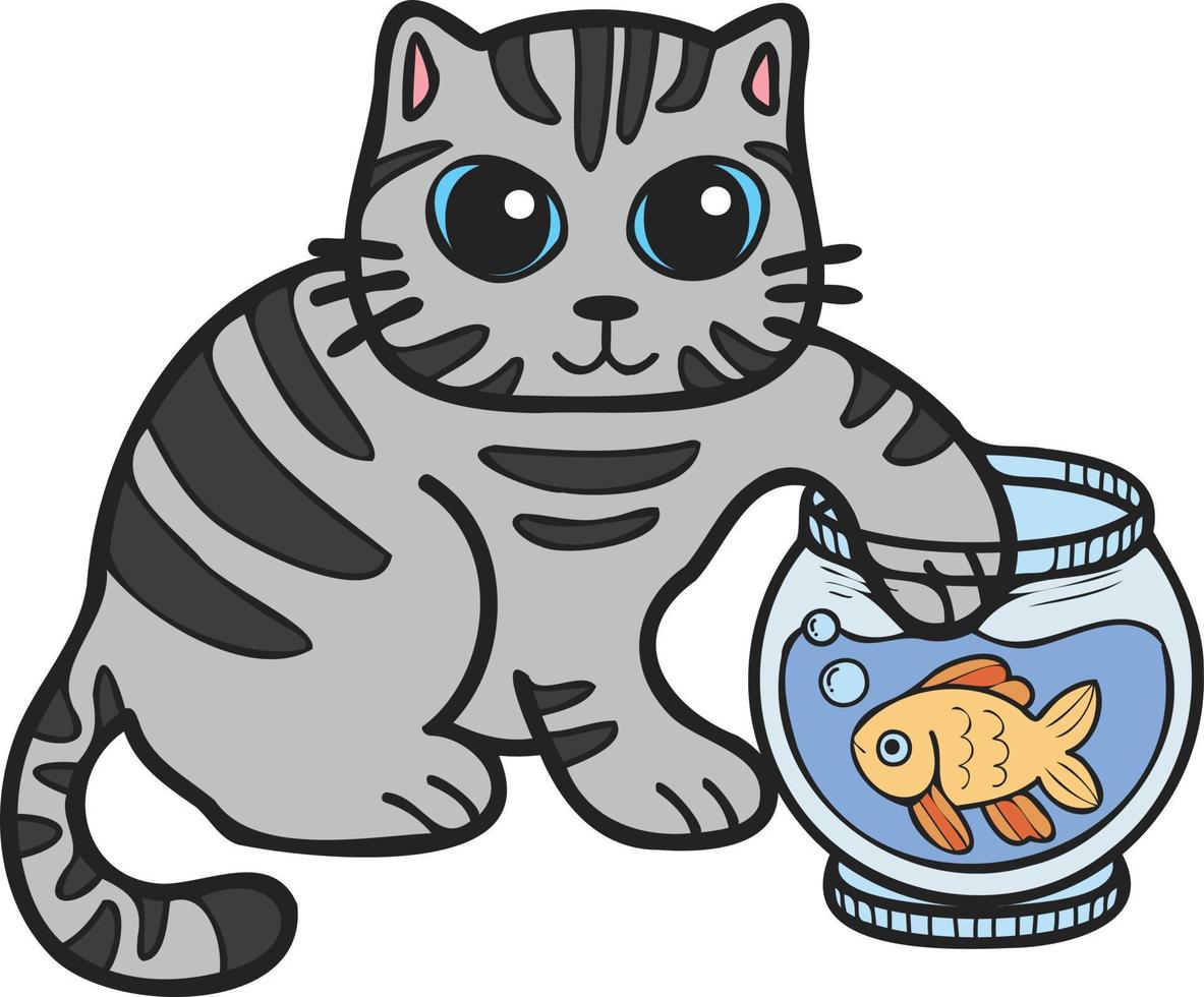 gato listrado desenhado à mão brincando com ilustração de peixe no estilo doodle vetor