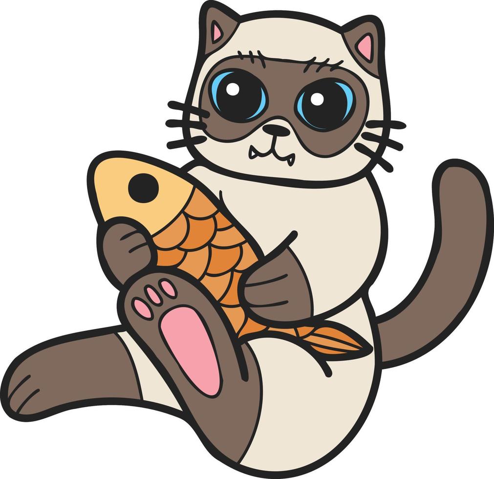 gato desenhado à mão comendo ilustração de peixe no estilo doodle vetor