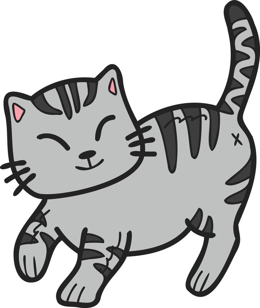 mão desenhada andando ilustração de gato listrado em estilo doodle vetor