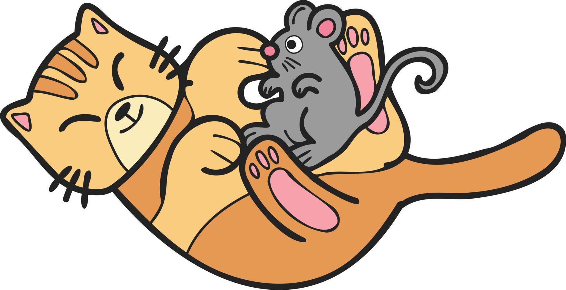 ilustração listrada de gato e rato desenhada à mão em estilo doodle vetor
