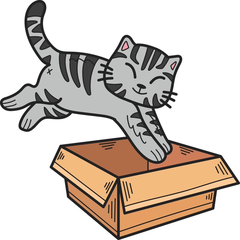 gato listrado desenhado à mão pulou na ilustração da caixa no estilo doodle vetor