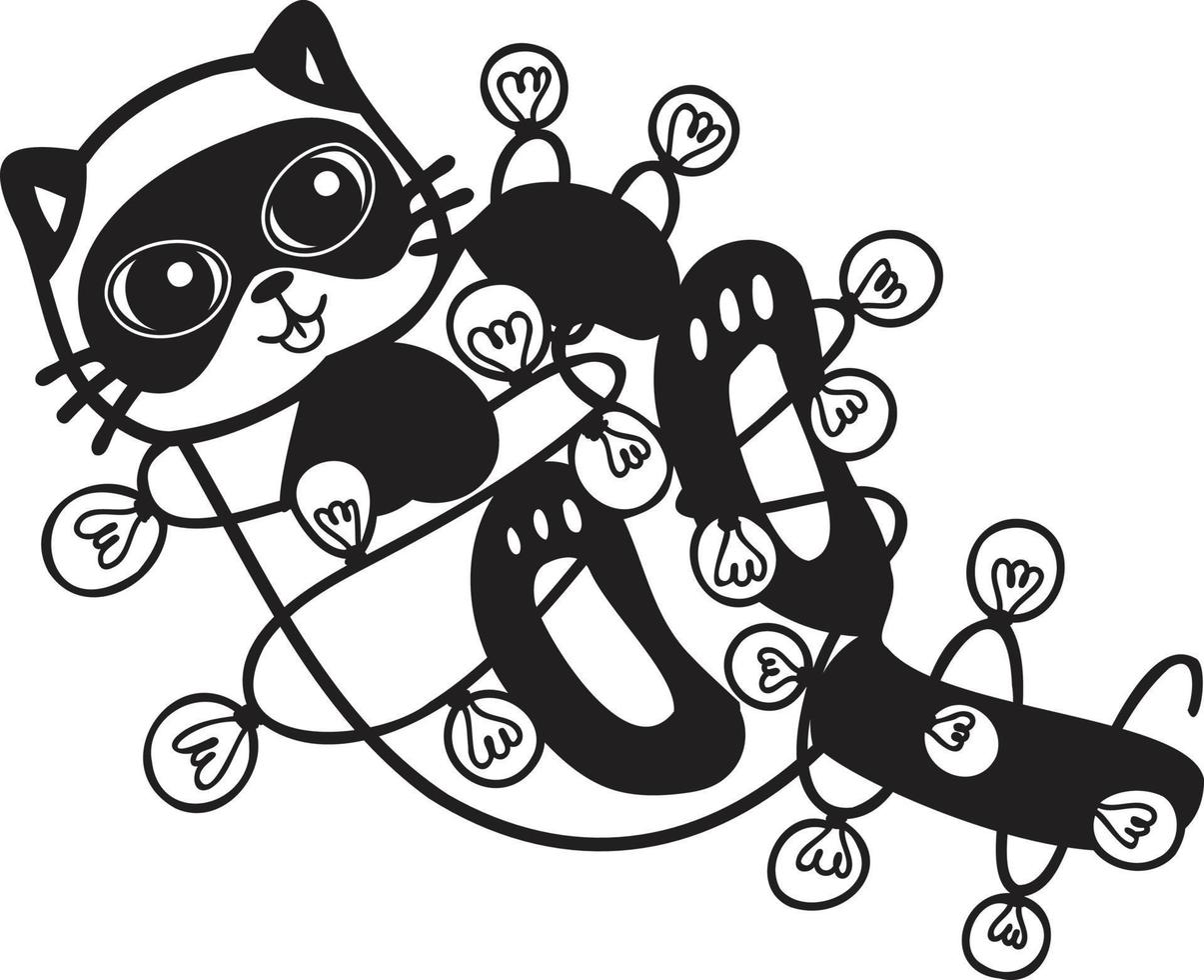 gato desenhado de mão brincando com ilustração de lâmpada no estilo doodle vetor