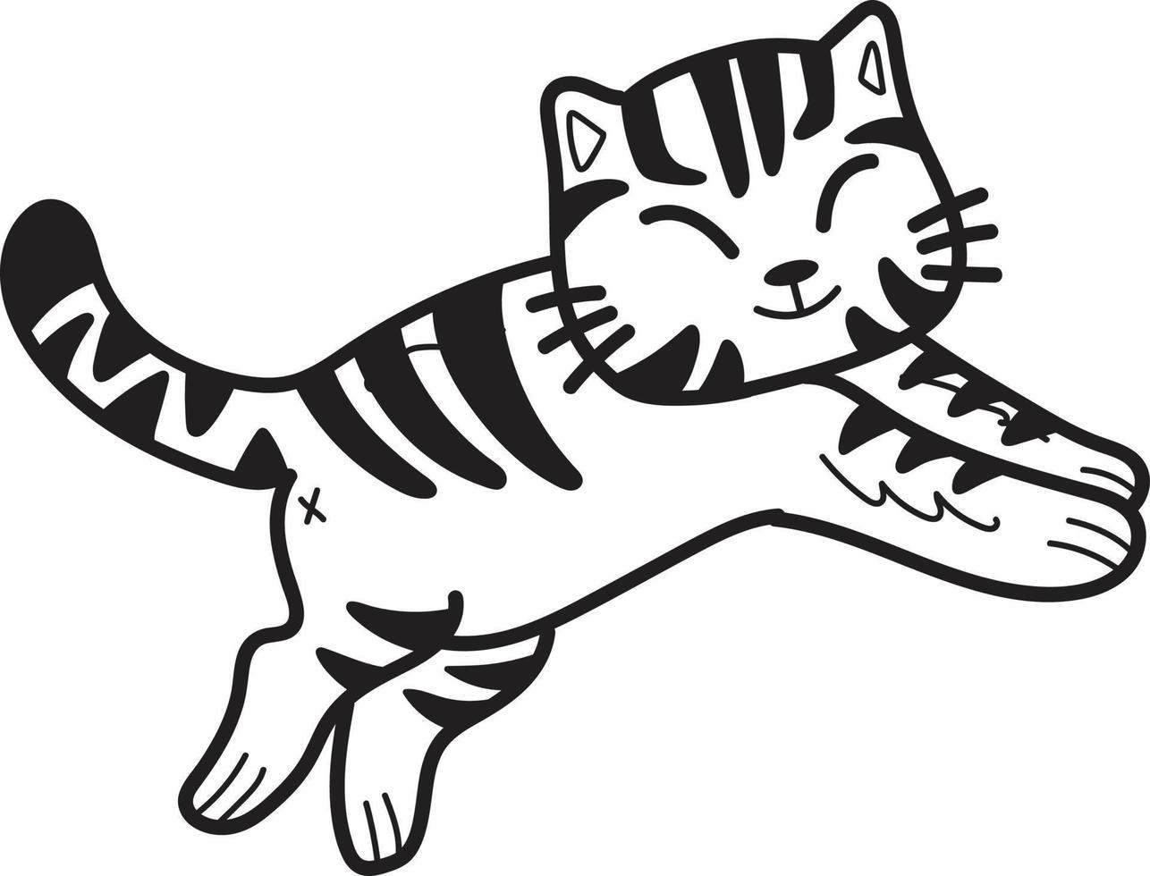 mão desenhada saltando ilustração de gato listrado em estilo doodle vetor