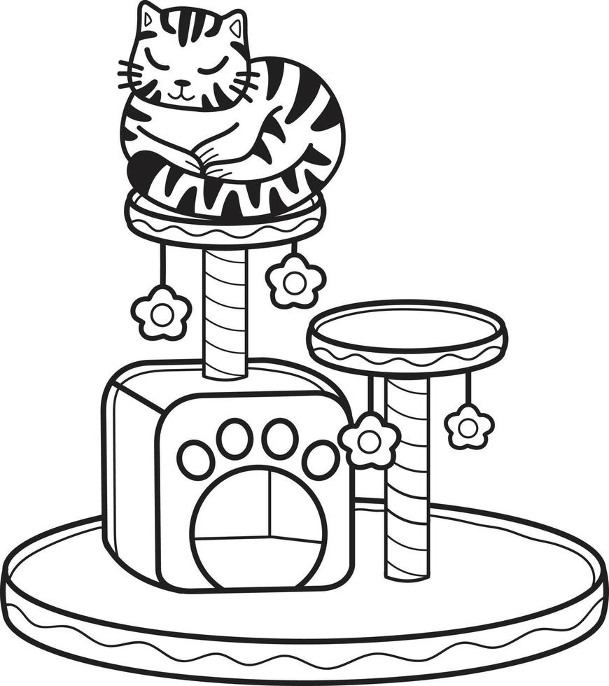 gato listrado desenhado à mão com ilustração de poste de escalada de gato no estilo doodle vetor