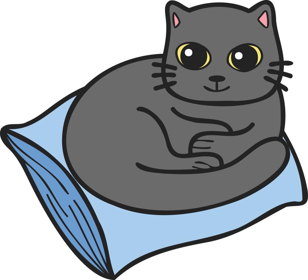 gato desenhado à mão dormindo na ilustração do travesseiro no estilo doodle vetor