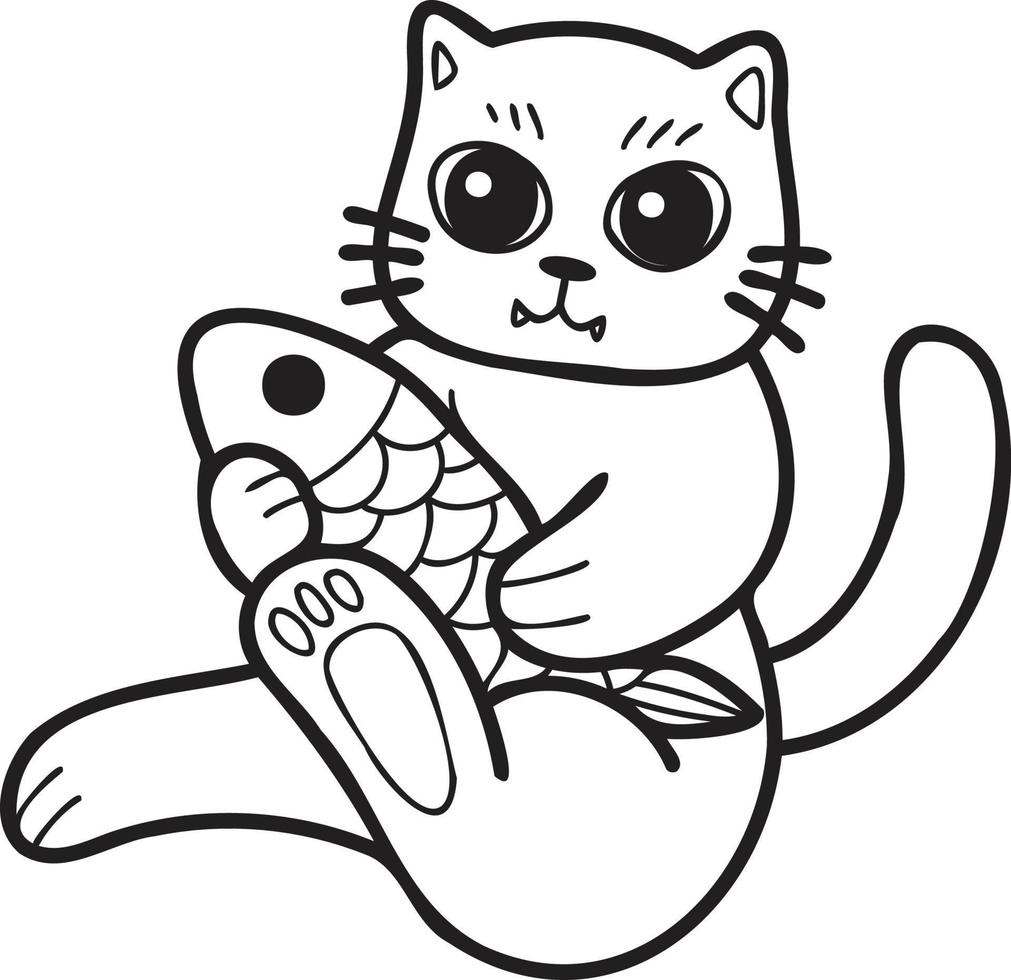 gato desenhado à mão comendo ilustração de peixe no estilo doodle vetor