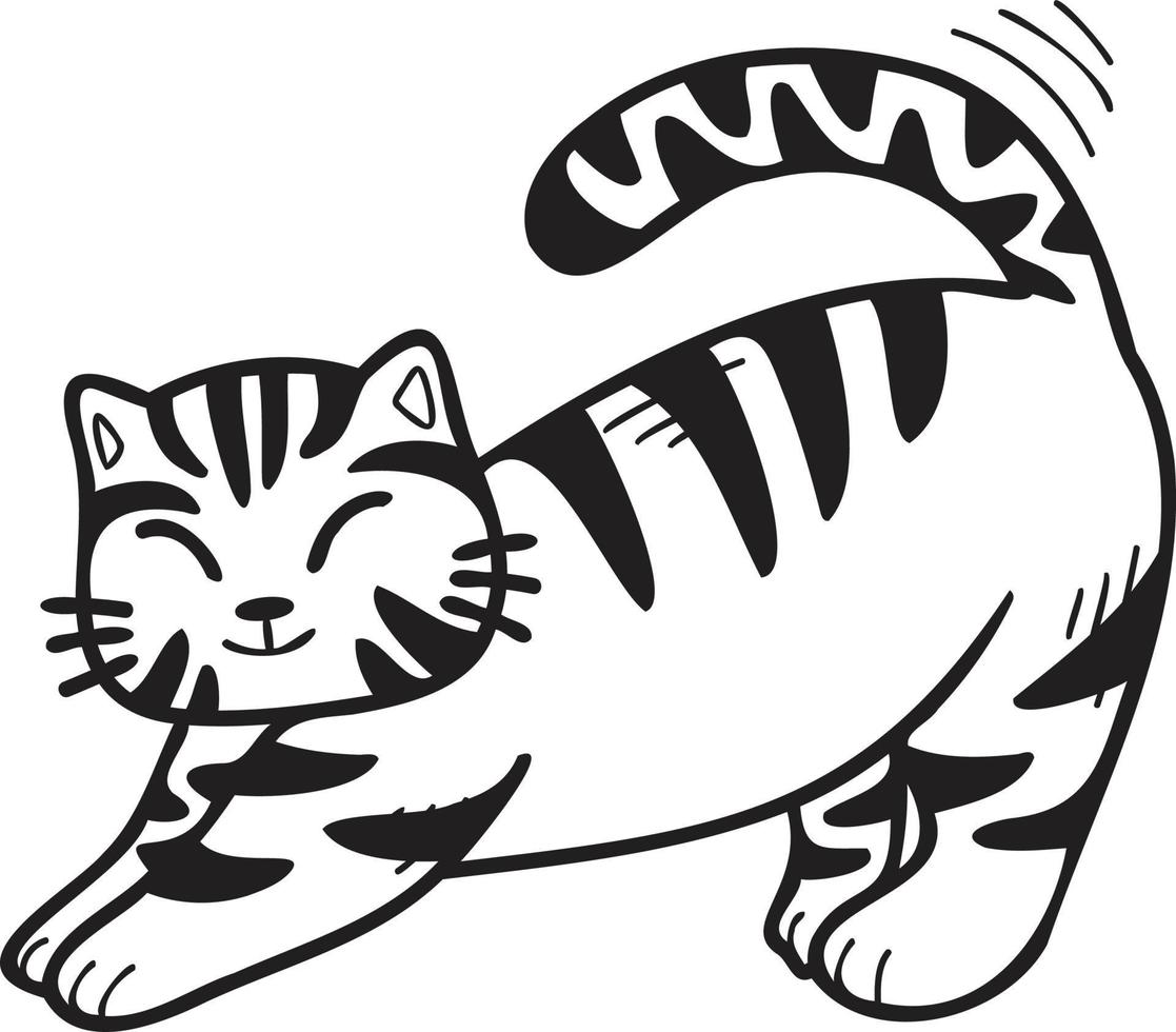 ilustração de alongamento de gato listrado desenhado à mão em estilo doodle vetor