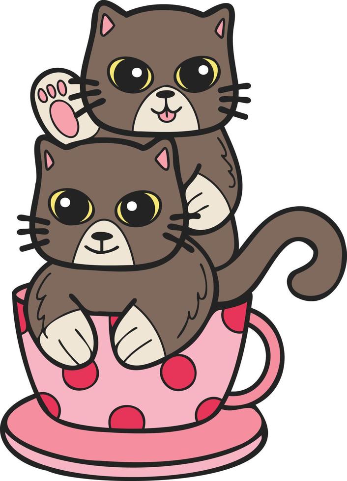 gato ou gatinho desenhado à mão com ilustração de caneca de café em estilo doodle vetor