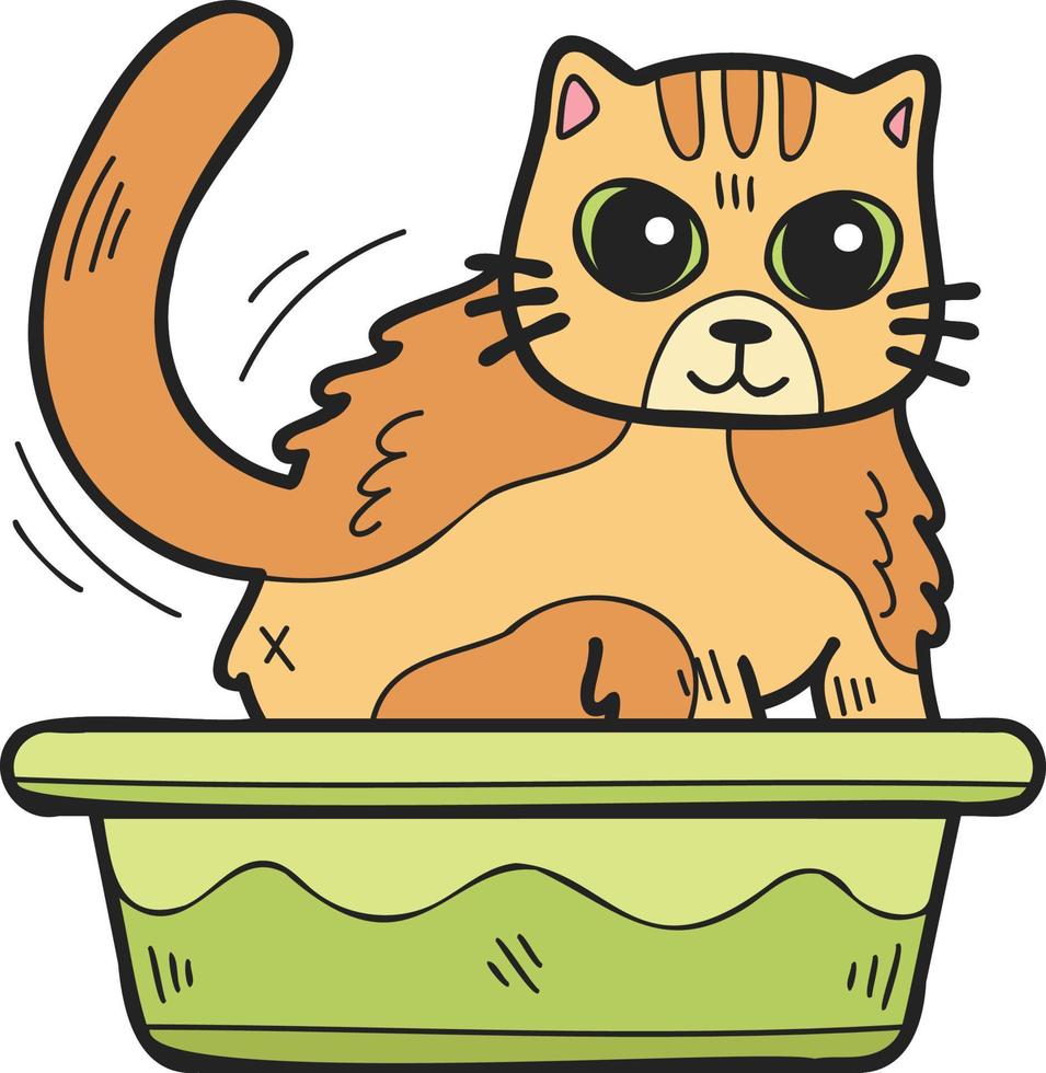 gato listrado desenhado à mão com ilustração de bandeja em estilo doodle vetor