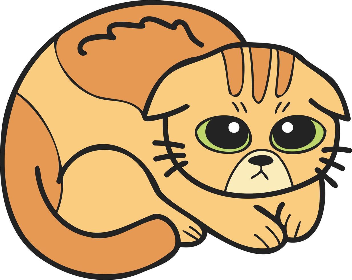 mão desenhada ilustração de gato listrado assustado ou triste no estilo doodle vetor